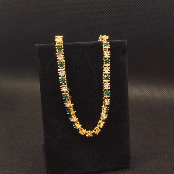 Vintage Tennis Bracelet Emerald And White Crystal Gold 8" - Picture 2 of 5